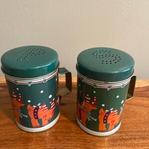 Christmas Vintage Tin Salt And Pepper Shakers Holders W Handle Holiday Reindeer